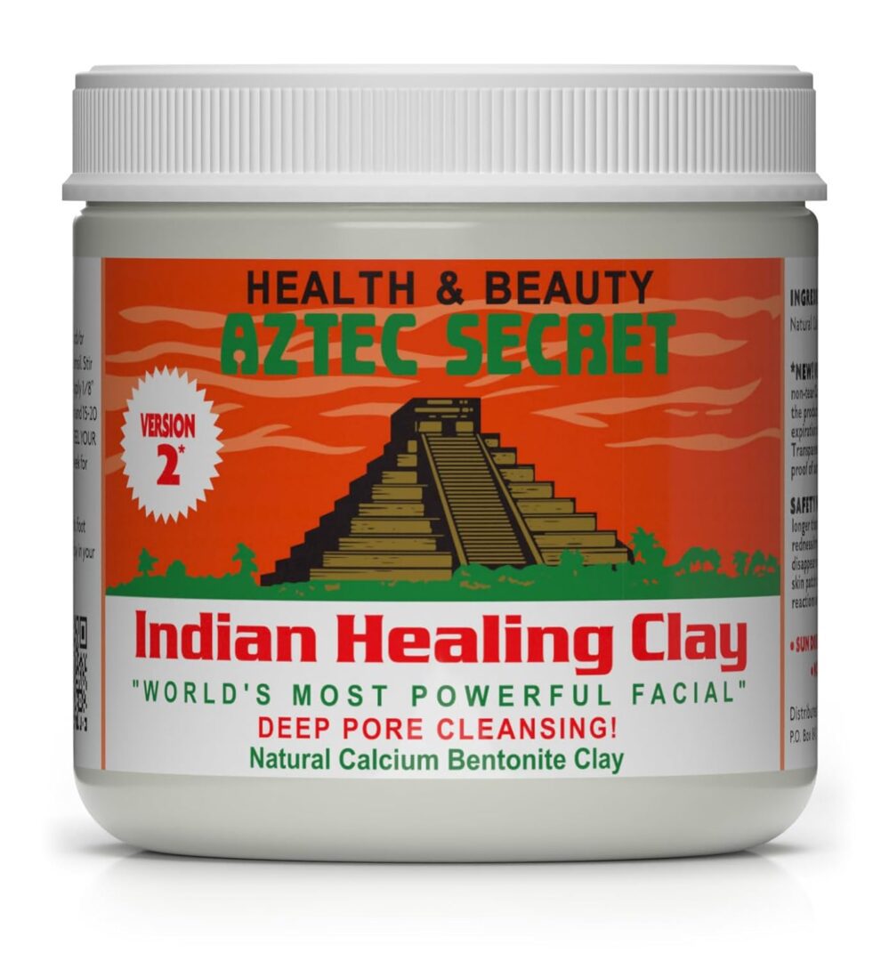 A jar of 'Aztec Secret' Indian Healing Clay, a natural calcium bentonite clay product marketed for deep pore cleansing